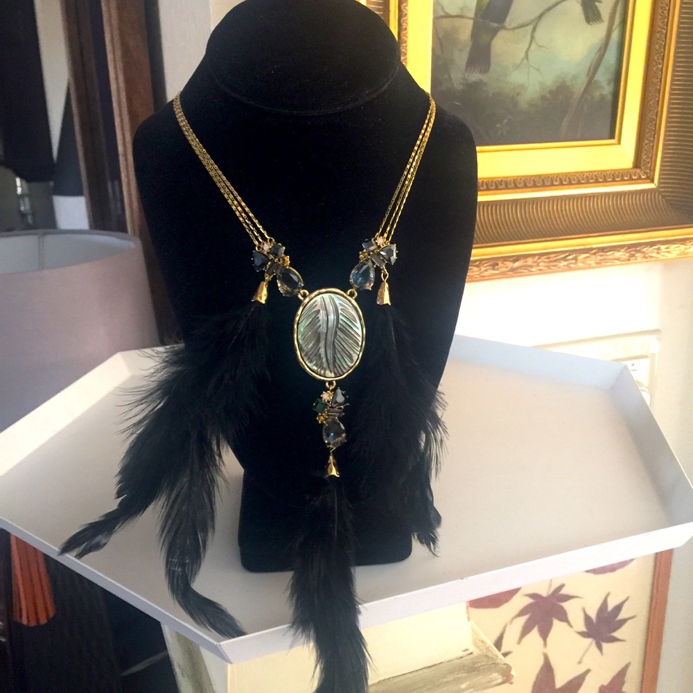 BETSEY JOHNSON SKELETONS AFTER DARK NECKLACE FEATHERS AND CARVED SHELL